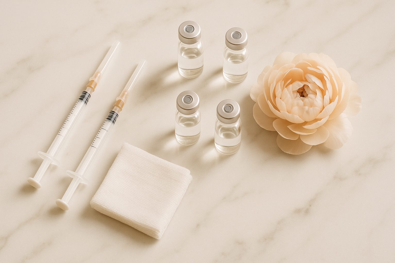 Capped syringes, glass vials, gauze and a blush peony on white marble