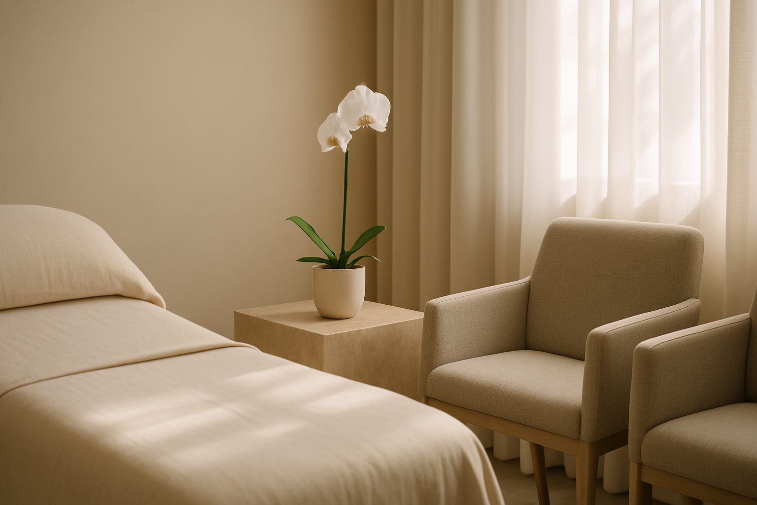 Serene private consultation room with cream linens and a white orchid
