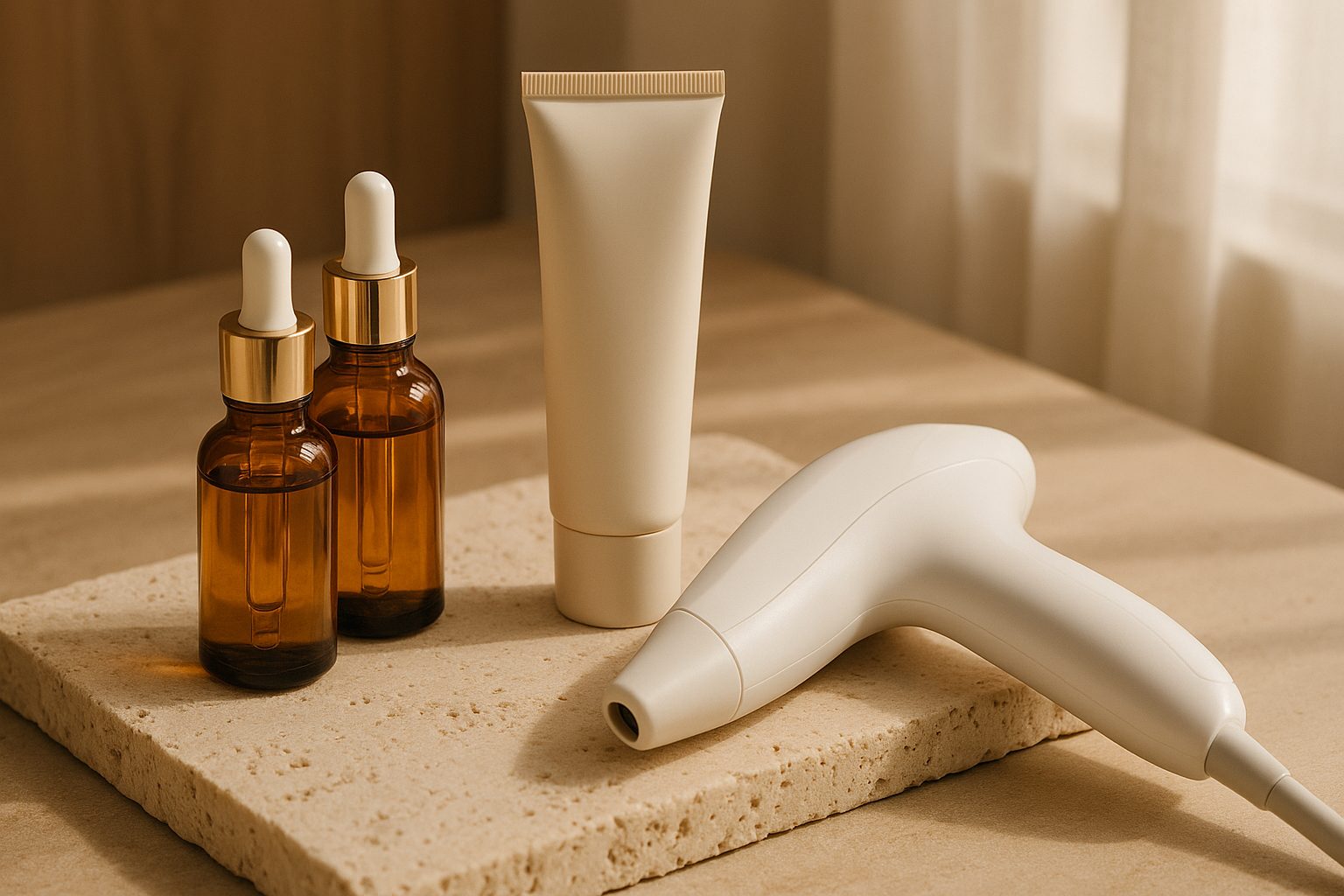 Skincare serums, mineral sunscreen and an aesthetic laser handpiece on a travertine slab in soft morning light
