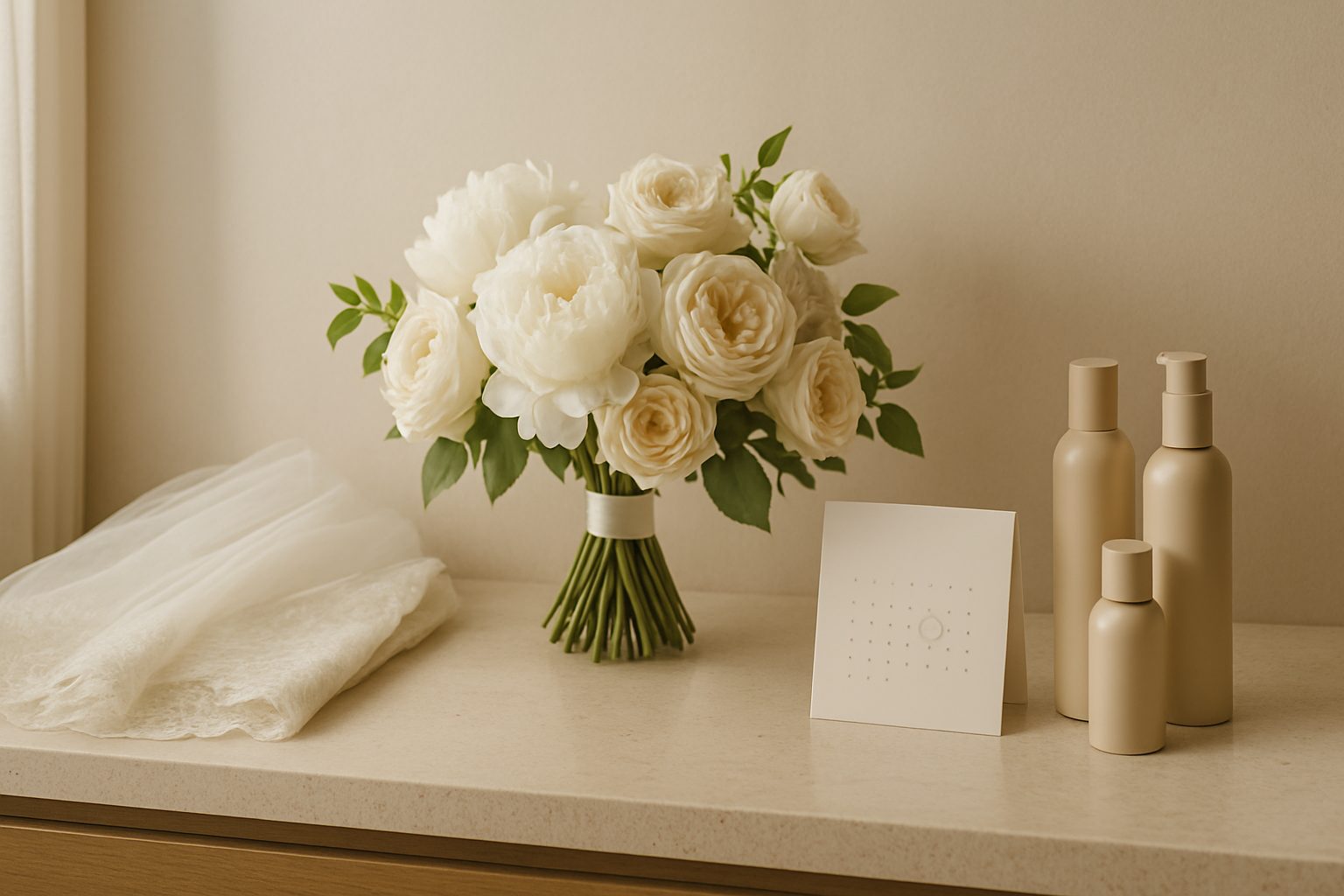 White peony bridal bouquet, folded lace veil and skincare bottles on a vanity